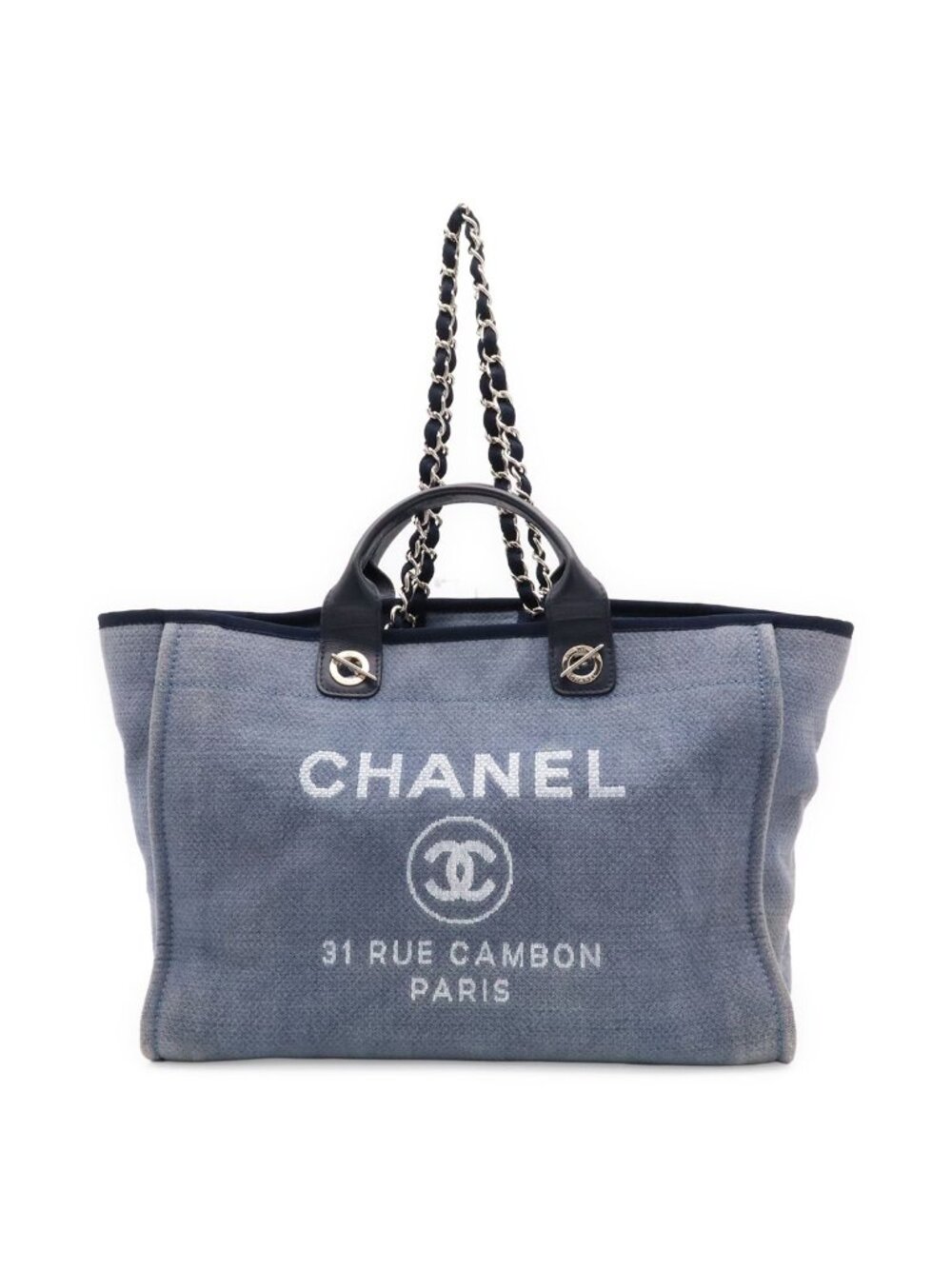 Chanel Deauville GM 2-Way Chain Tote Logo Shoulder Canvas Leather Blue